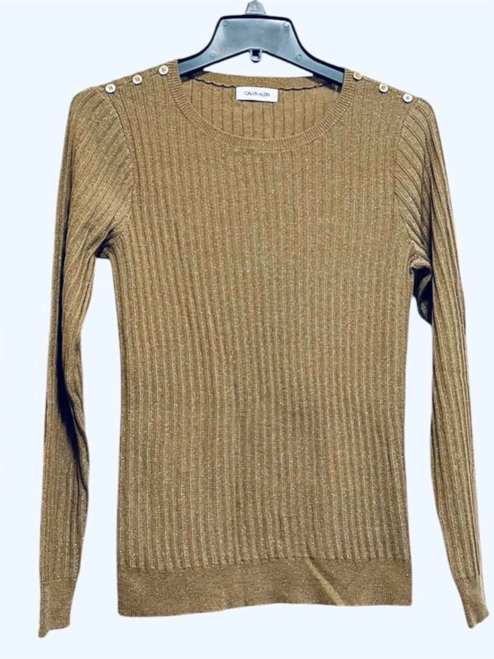 CALVIN KLEIN RIBBED SWEATSHIRT RIB-KNIT GOLD METALLIC CREWNECK WOMEN SIZE SMALL*